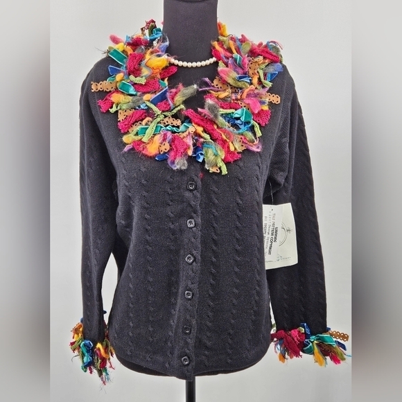 NWT Design Options BLACK & COLORFUL COLLAR Cardigan Cable KNIT Sweater Sz M - Picture 1 of 8